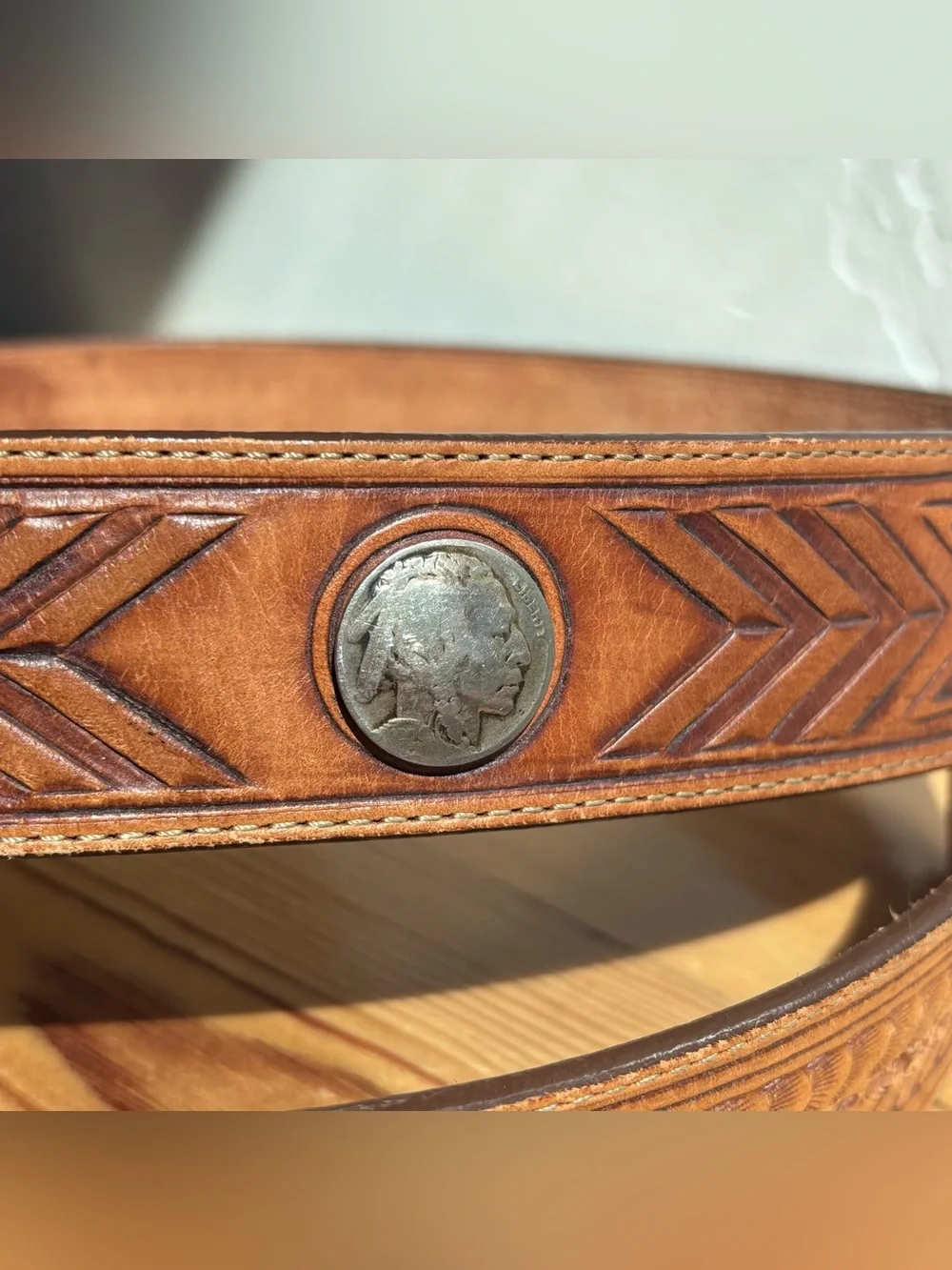 Vintage Leegin Leather Belt Mens Brown Tooled Buffalo Nickel Western Sz 40